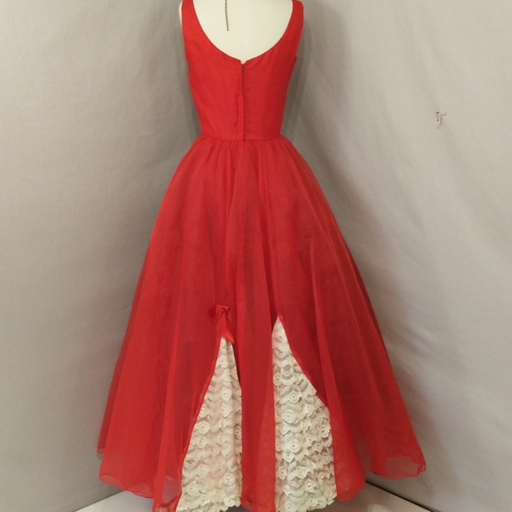 50s 60s Vintage Formal Gown Bright Red Cream Lace Fem Gone With The Wind Style - Picture 5 of 16